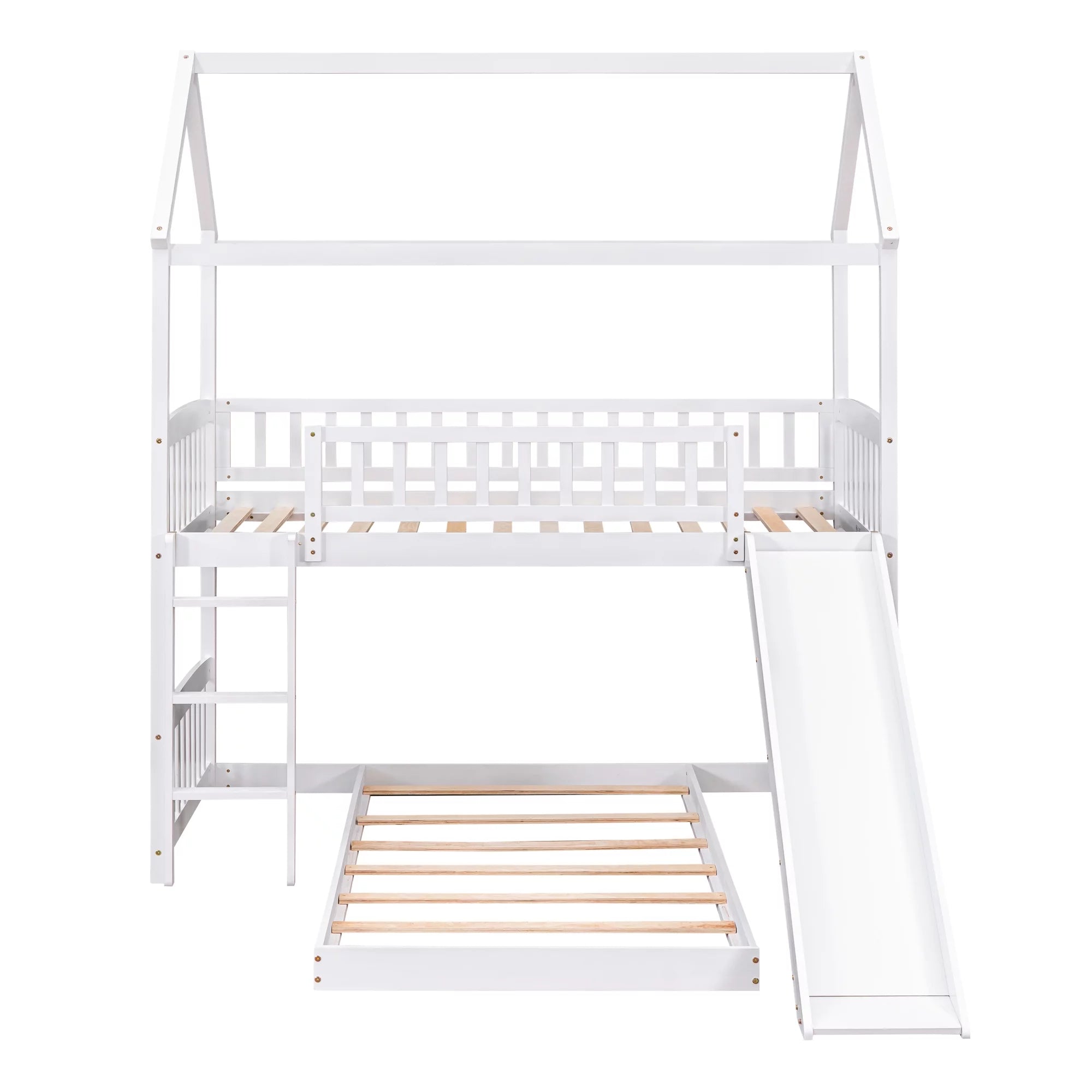 Aukfa Twin over Twin Bunk Bed with Slide, L-Shaped House Bunk Bed for Kids, Boys and Girls, Wooden - White