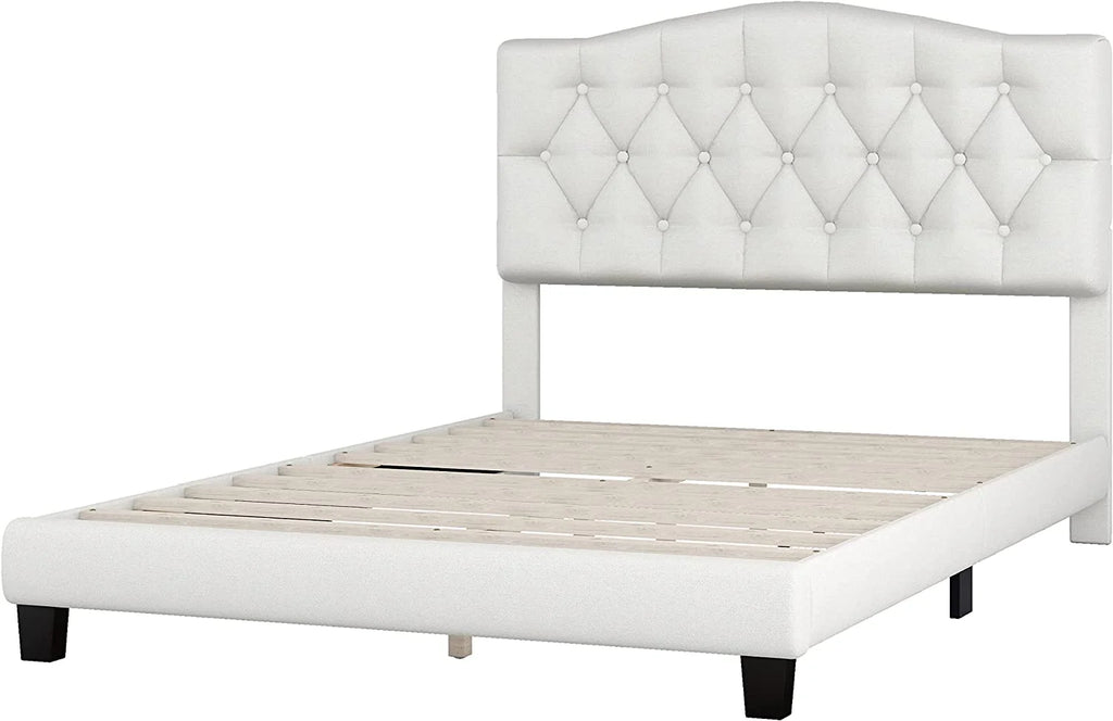 AngLink Linen Curved Upholstered Full Size Platform Bed with Diamond Tufted/Wood Bed Frame/Wood Slats, No Box Spring Needed -Beige, Full