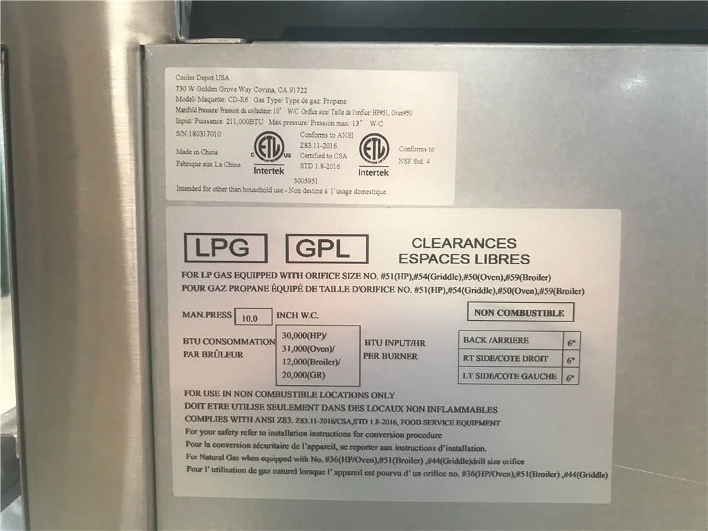 36" Width, 6 Burners, Commercial Range & Oven,  Natural Gas and Propane, NSF/ETL Certified, Thermostat, Stainless Steel Galvanized and Cast iron Grate For Restaurant Heavy Duty, 211000 BTU