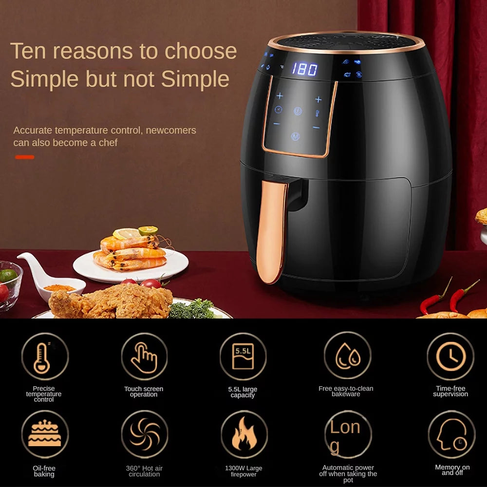 Andoer Air Fryer 5.5L Household Large Capacity 1300W Big Firepower Timing Touch Screen LCD Electric Air Fryer with Bakeware