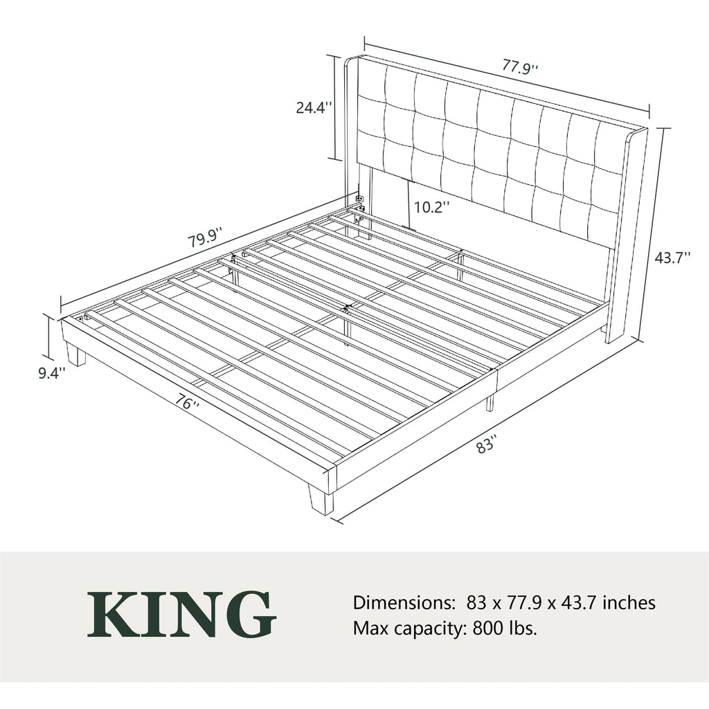 Amolife Queen Size Platform Bed with Wingback Headboard, Square Stitched Style, Dark Grey