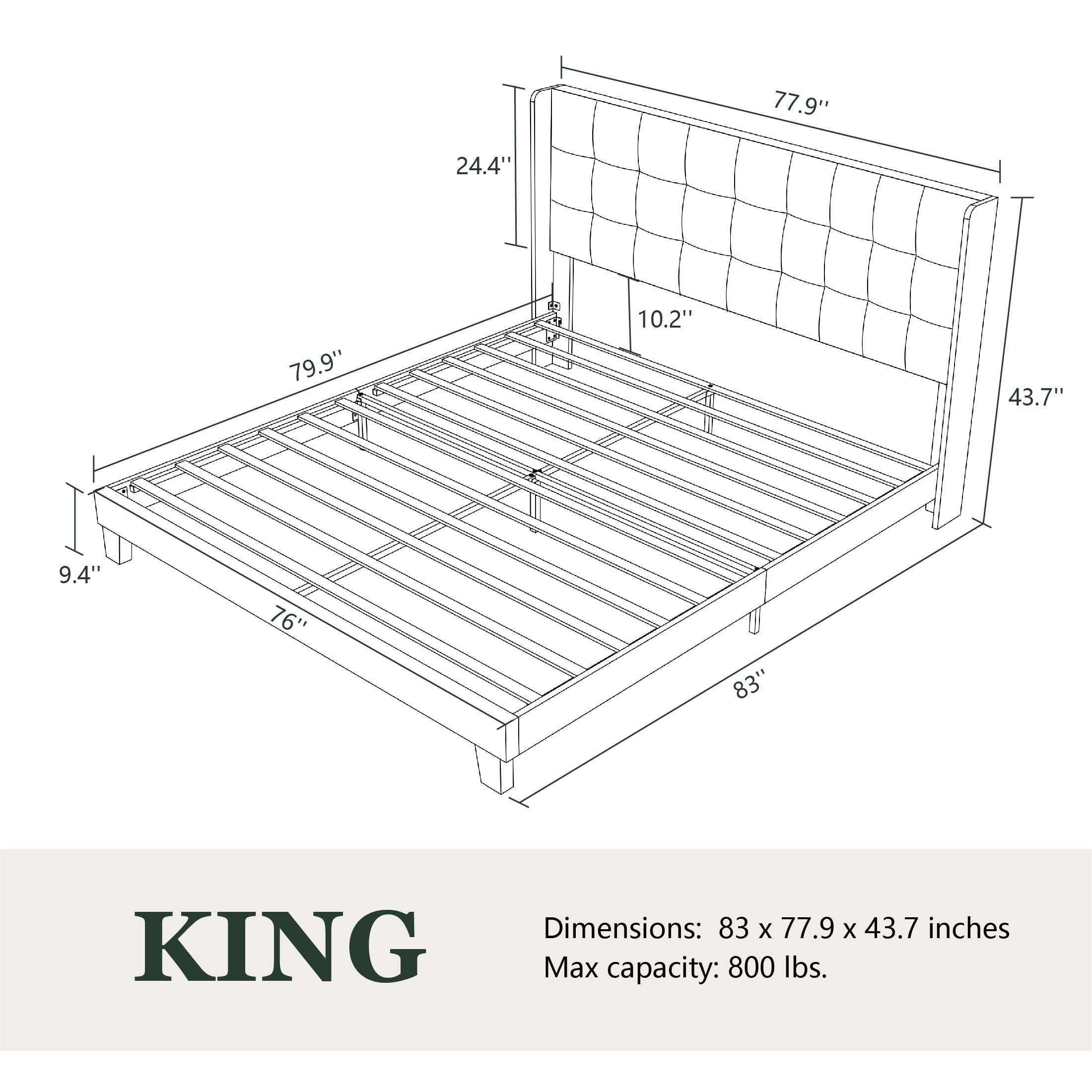 Amolife Queen Size Platform Bed with Wingback Headboard, Square Stitched Style, Dark Grey