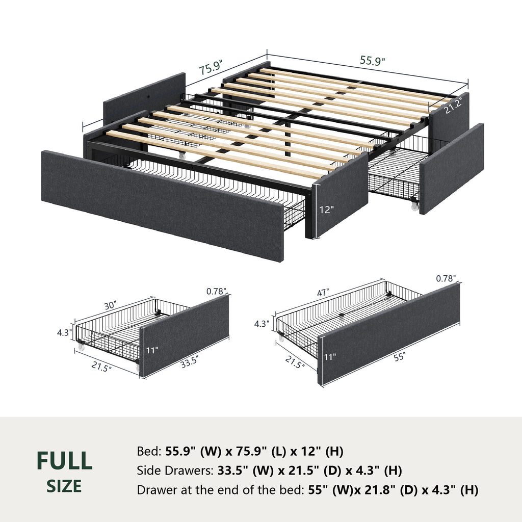 Amolife Queen Size Upholstered Platform Bed Frame with 3 Storage Drawers and Wooden Slats, Dark Gray