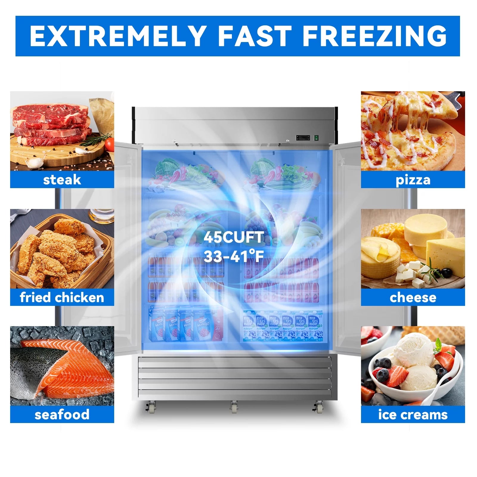 54"W Commercial Refrigerator, 2 Section Reach-in Solid Door, 49 Cu.ft Stainless Steel Upright Commercial Refrigerator, for Restaurant Shop Bar Residentials