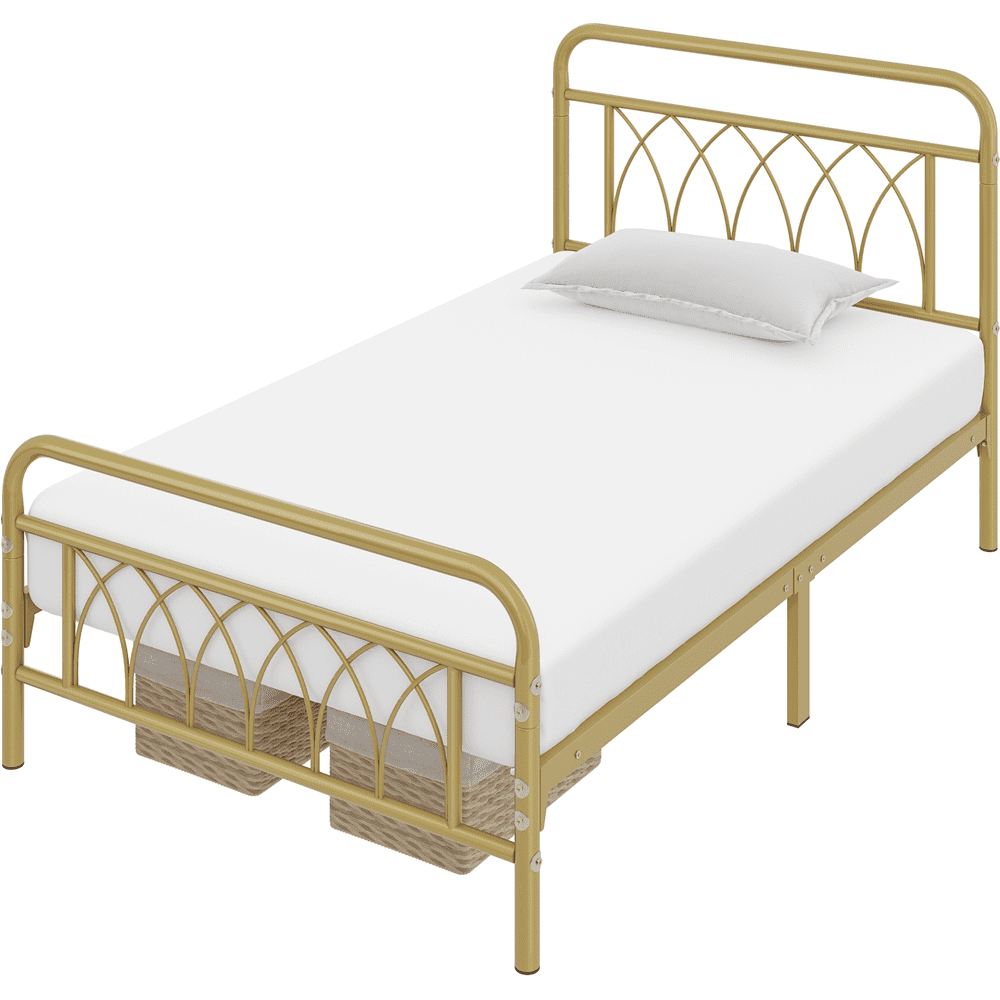 Alden Design Metal Platform Bed Frame with Headboard and Footboard, Twin, Antique Gold