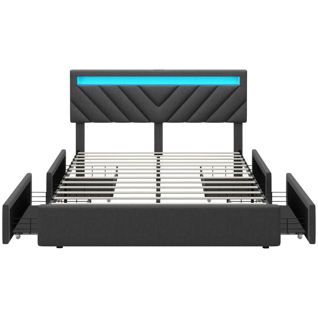 Afuhokles Queen Bed Frame with LED Lights Headboard, 4 Drawers,2 USB Charging Station, Upholstered Platform Bed, Dark Gray