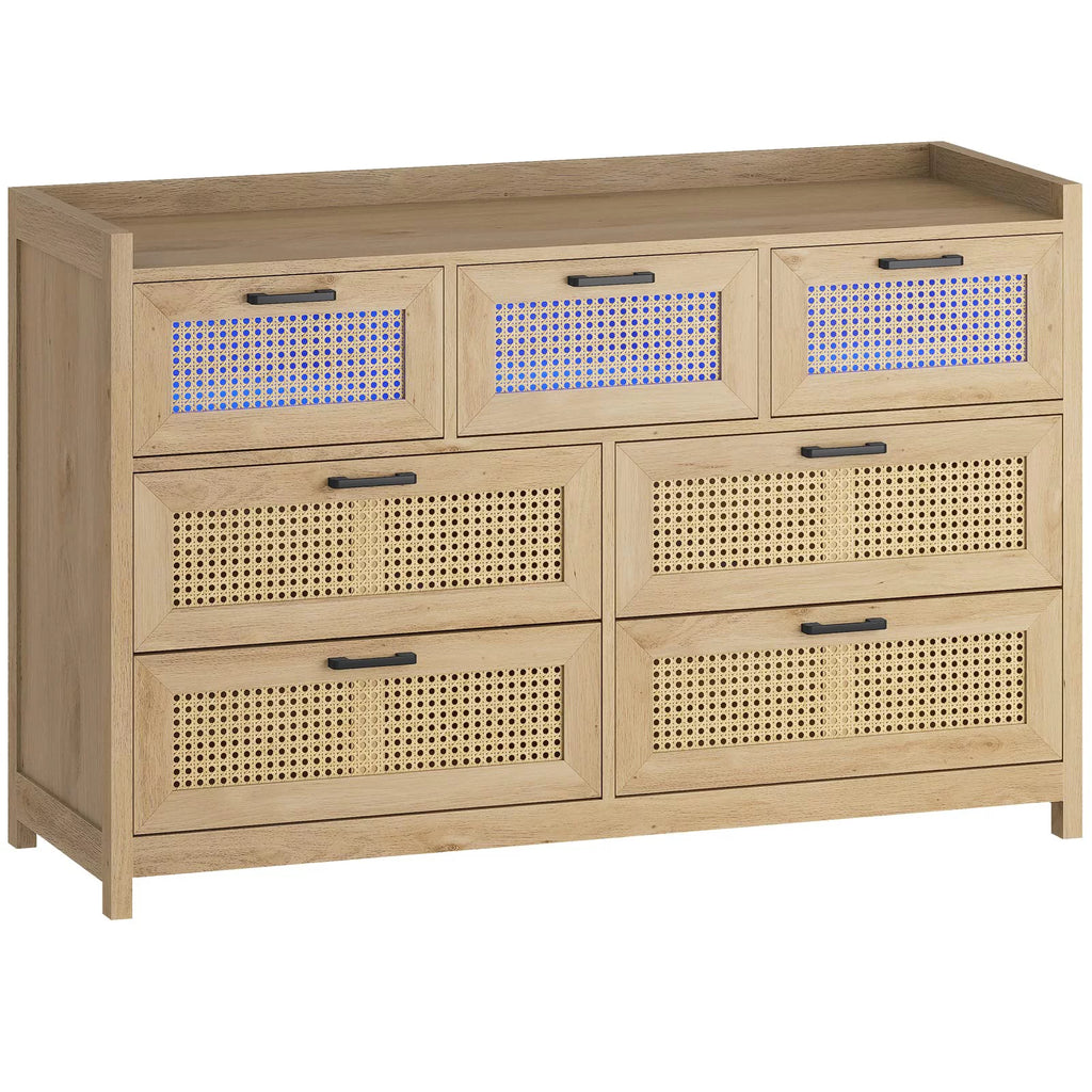 7 Drawer Dressers for Bedroom with Led Lights,Natural Rattan Chests of Drawers for Living Room Hallway Entryway