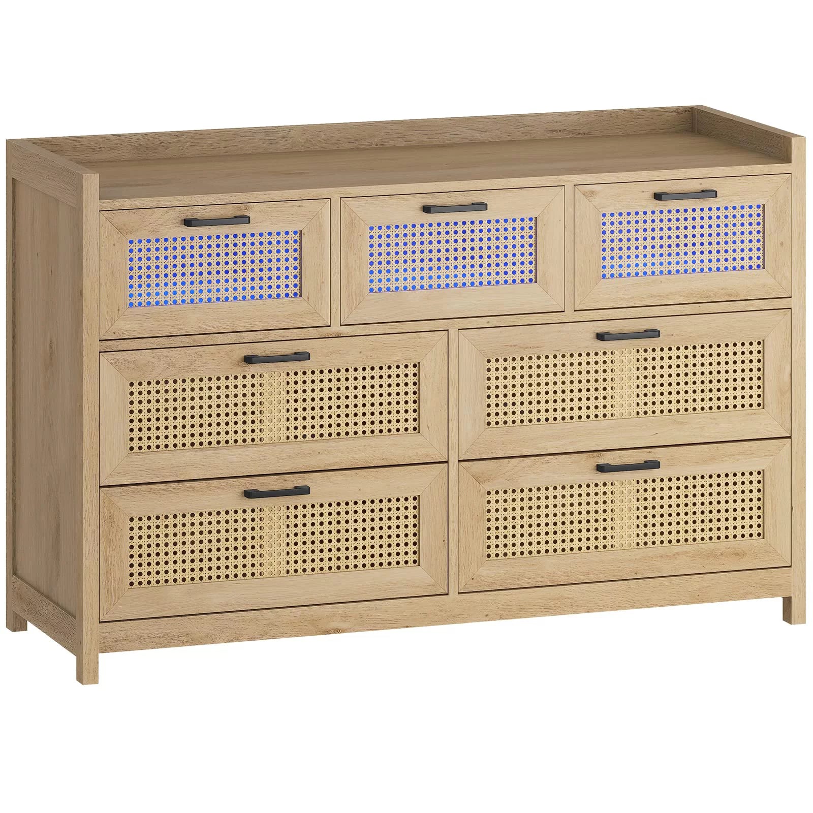 7 Drawer Dressers for Bedroom with Led Lights,Natural Rattan Chests of Drawers for Living Room Hallway Entryway