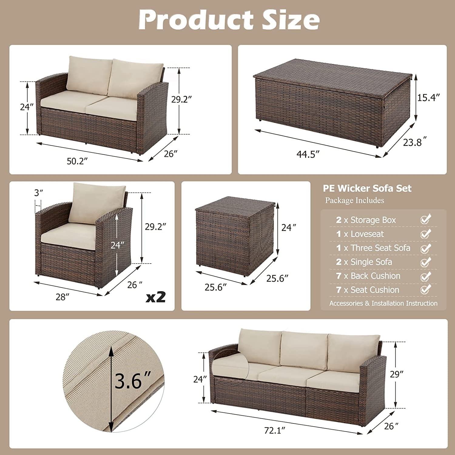 AECOJOY 6 Pieces Outdoor Furniture Set , Patio Rattan Wicker Sectional Sofa Conversation Set, Beige