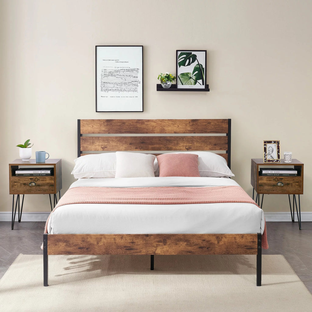 3-Pieces Bedroom Set with Rustic Brown Platform Bed Frame and Nightstands Set of 2 Brown Nightstands Twin
