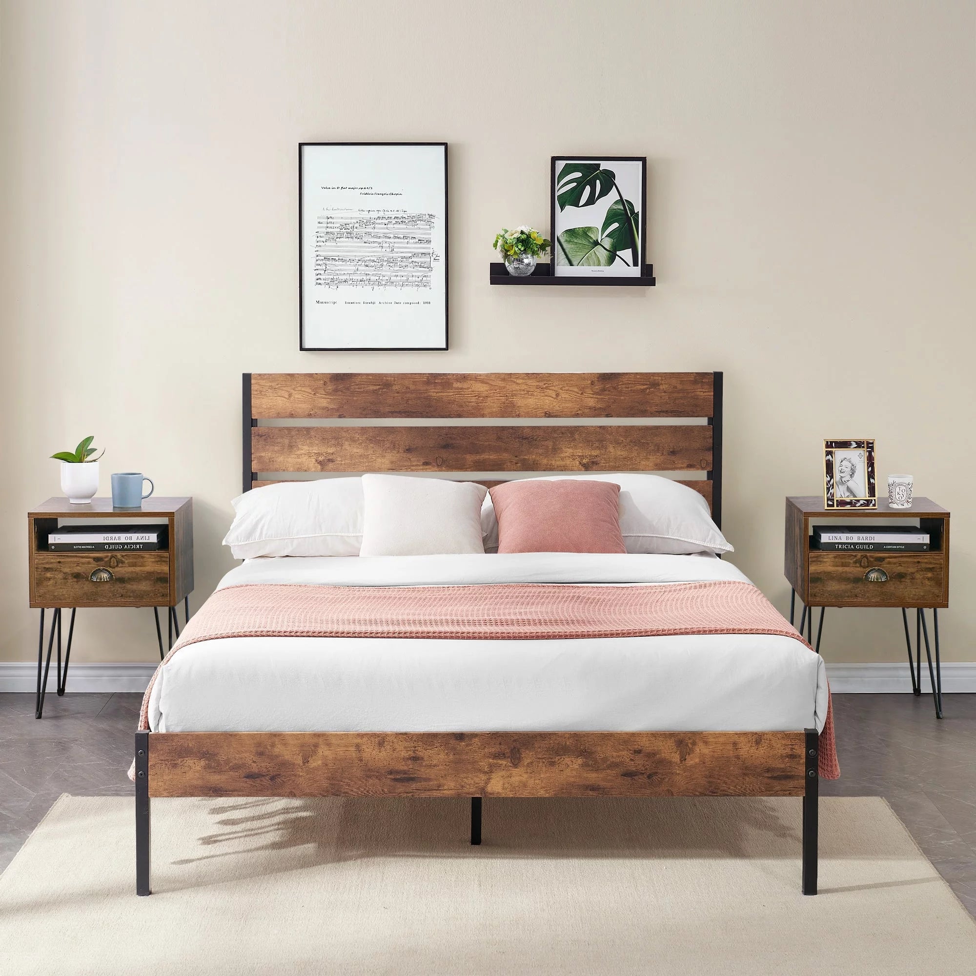 3-Pieces Bedroom Set with Rustic Brown Platform Bed Frame and Nightstands Set of 2 Brown Nightstands Twin