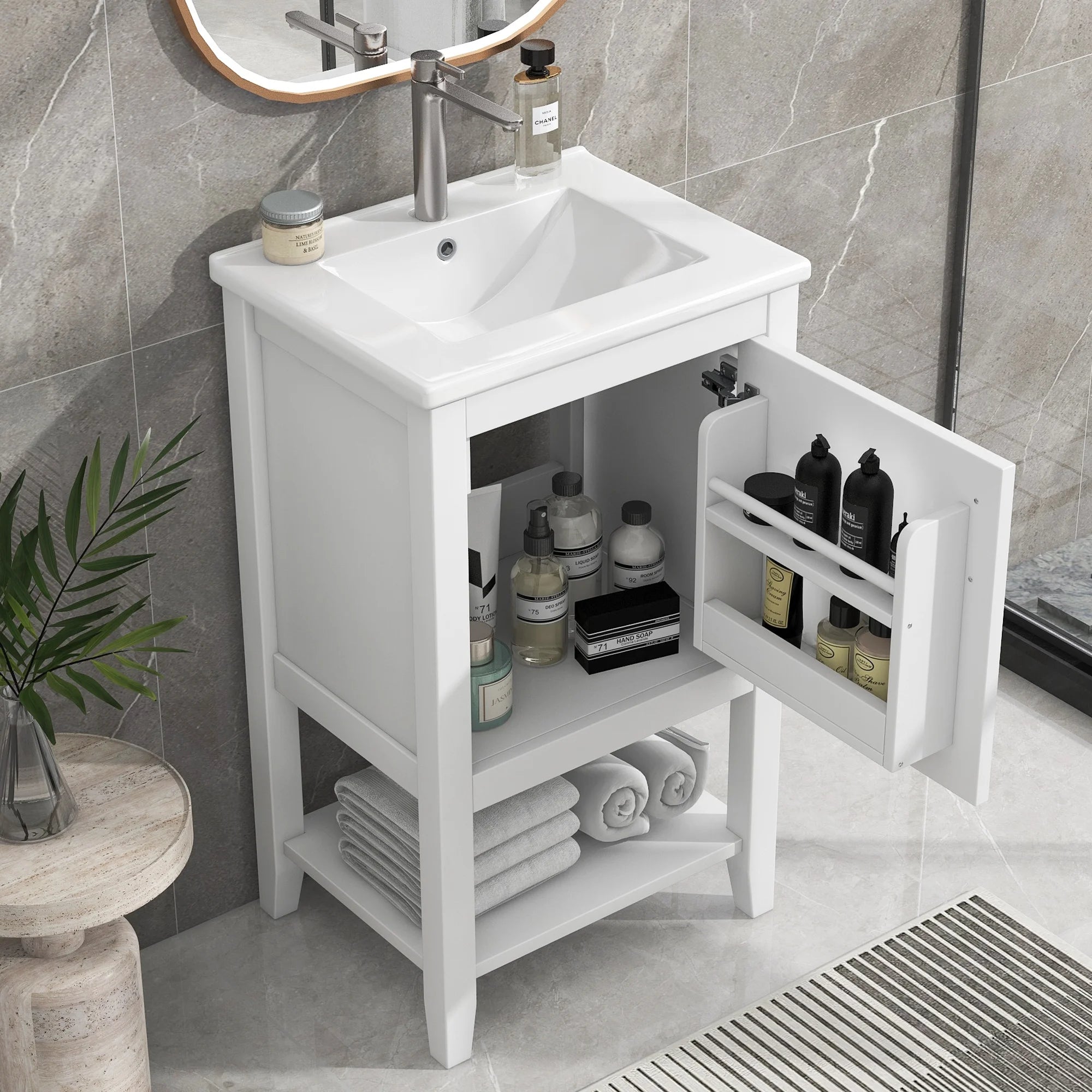 20" Bathroom Vanity with Sink, Freestanding Bathroom Storage Cabinet with Door and Open Shelf Rack, Solid Wood Cabinet Basin Vessel Sink Set