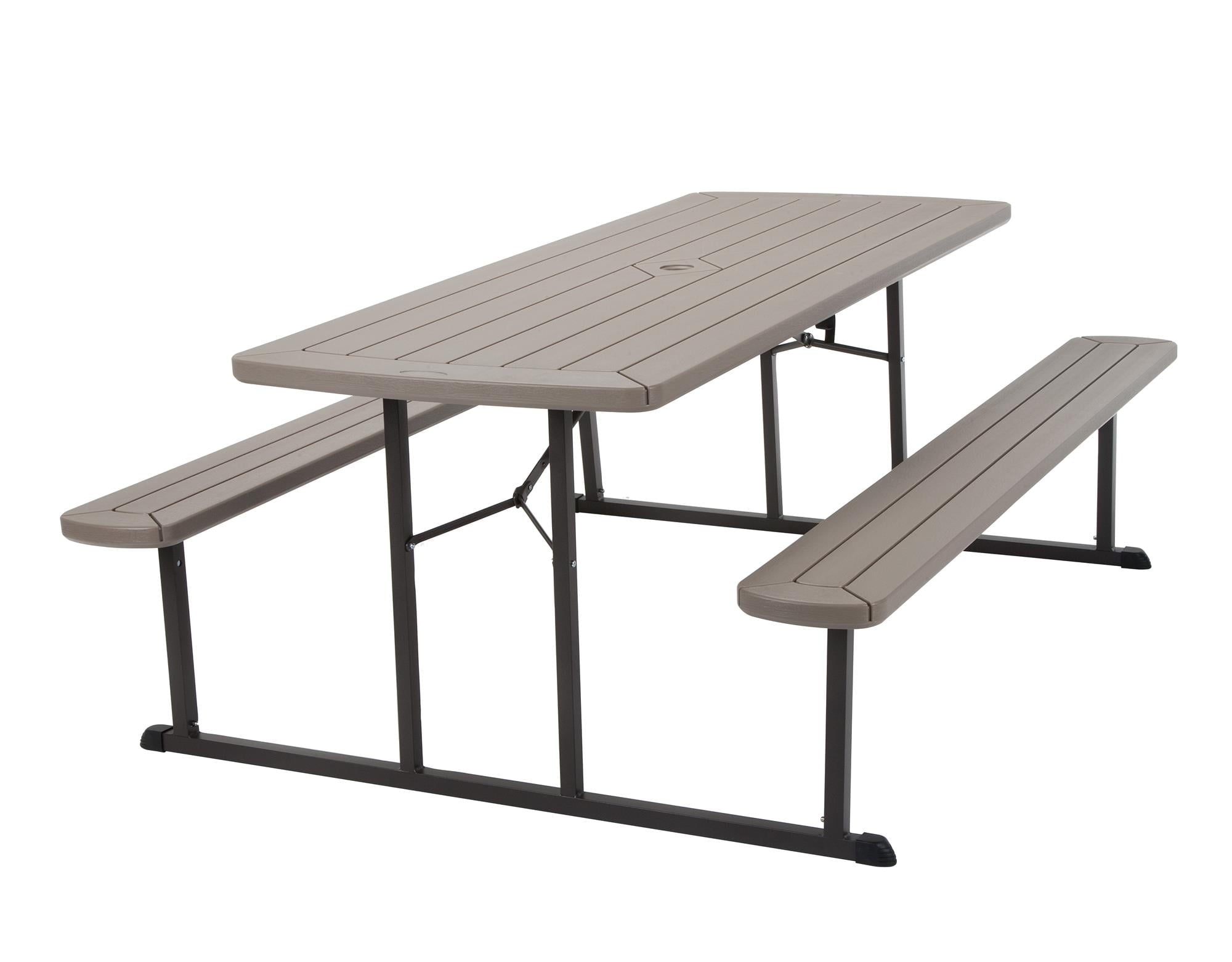 6 ft. Folding Blow Mold Picnic Table, Taupe Wood Grain with Brown Legs