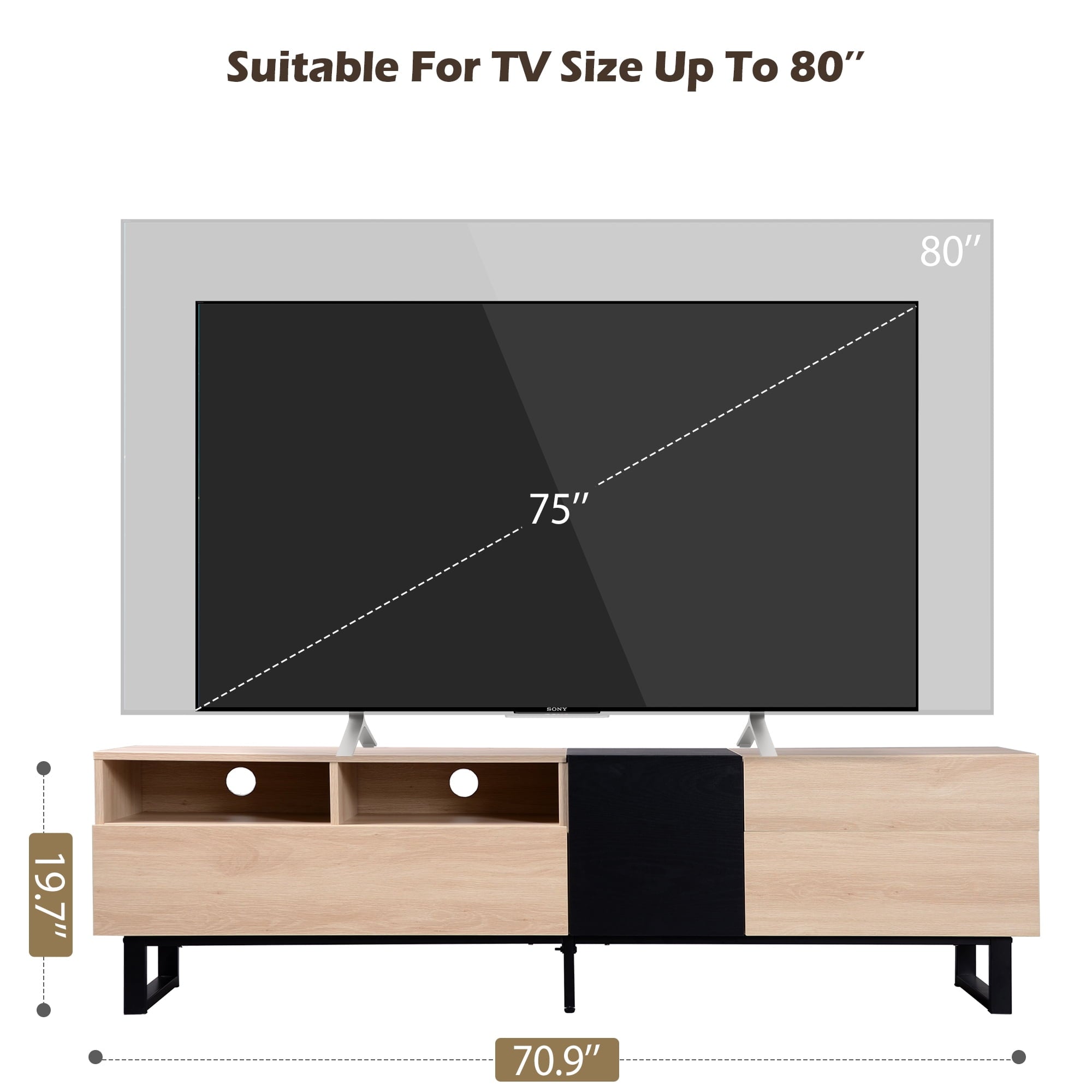 Aukfa Modern TV Stand for 80'' TV, Media Console Table with Drop Down Door for Living Room, Bedroom - Black
