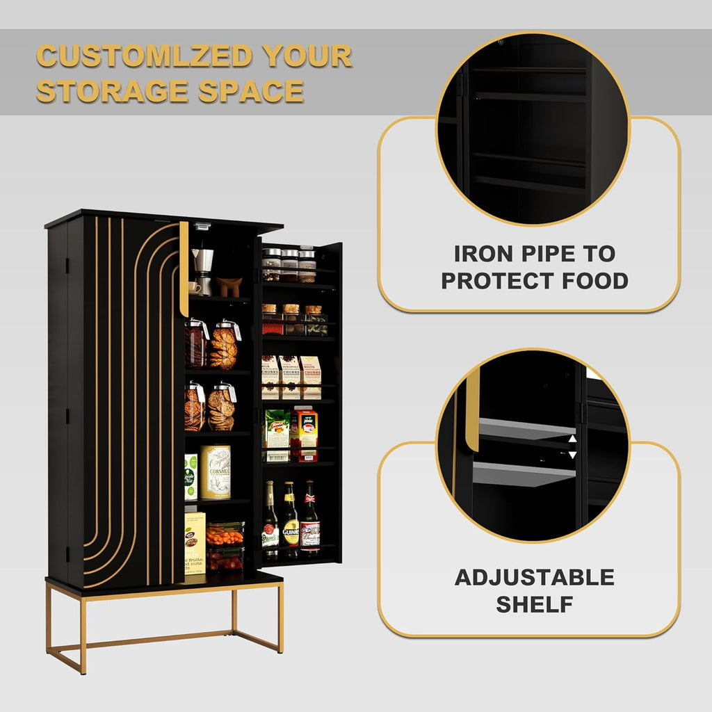 46.5'' Accent Wood Kitchen Pantry with Doors, Storage Cabinet with Adjustable Shelves, Food Pantry Cabinet for Kitchen, Dining Room, Living Room and Garage, Metal Legs,Black