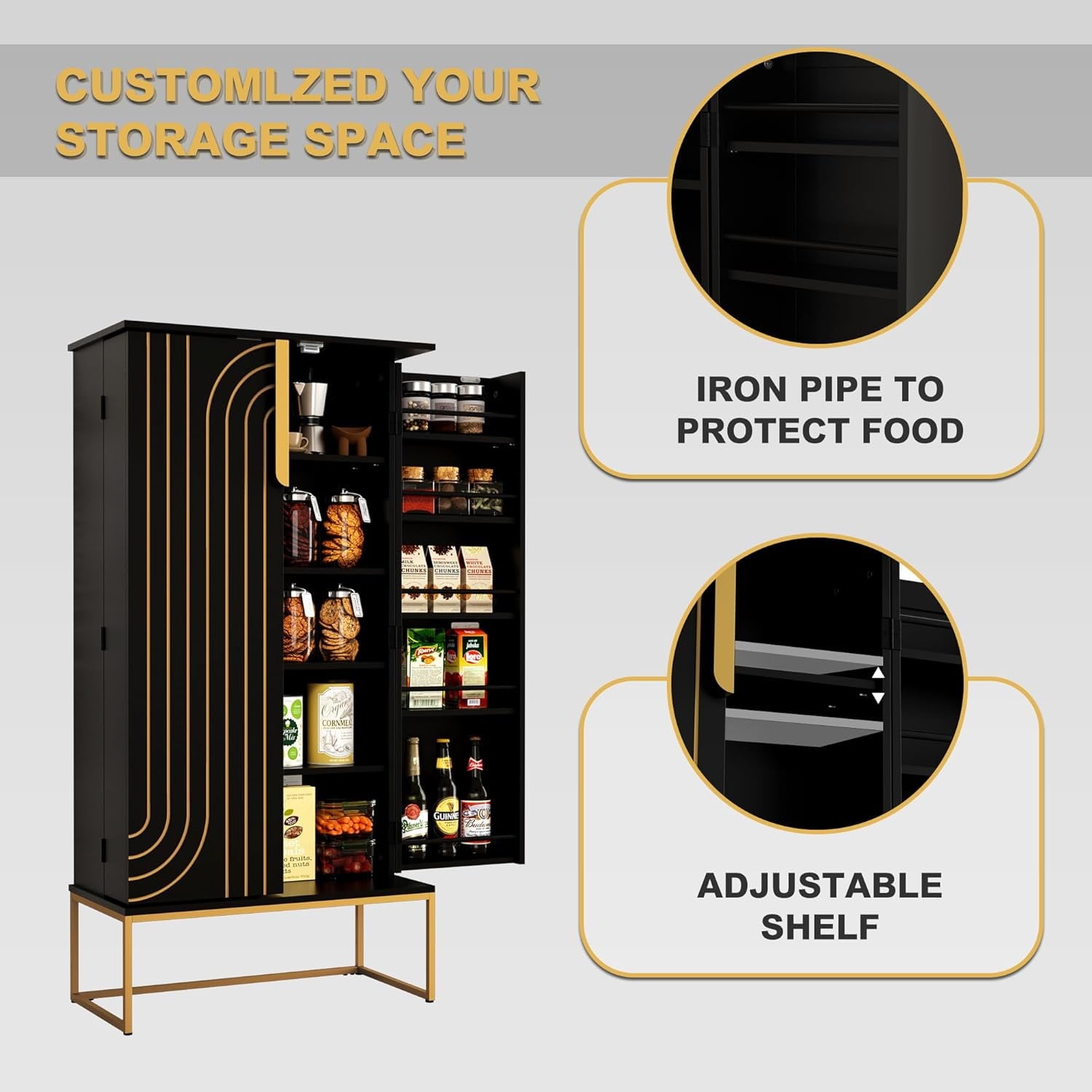 46.5'' Accent Wood Kitchen Pantry with Doors, Storage Cabinet with Adjustable Shelves, Food Pantry Cabinet for Kitchen, Dining Room, Living Room and Garage, Metal Legs,Black