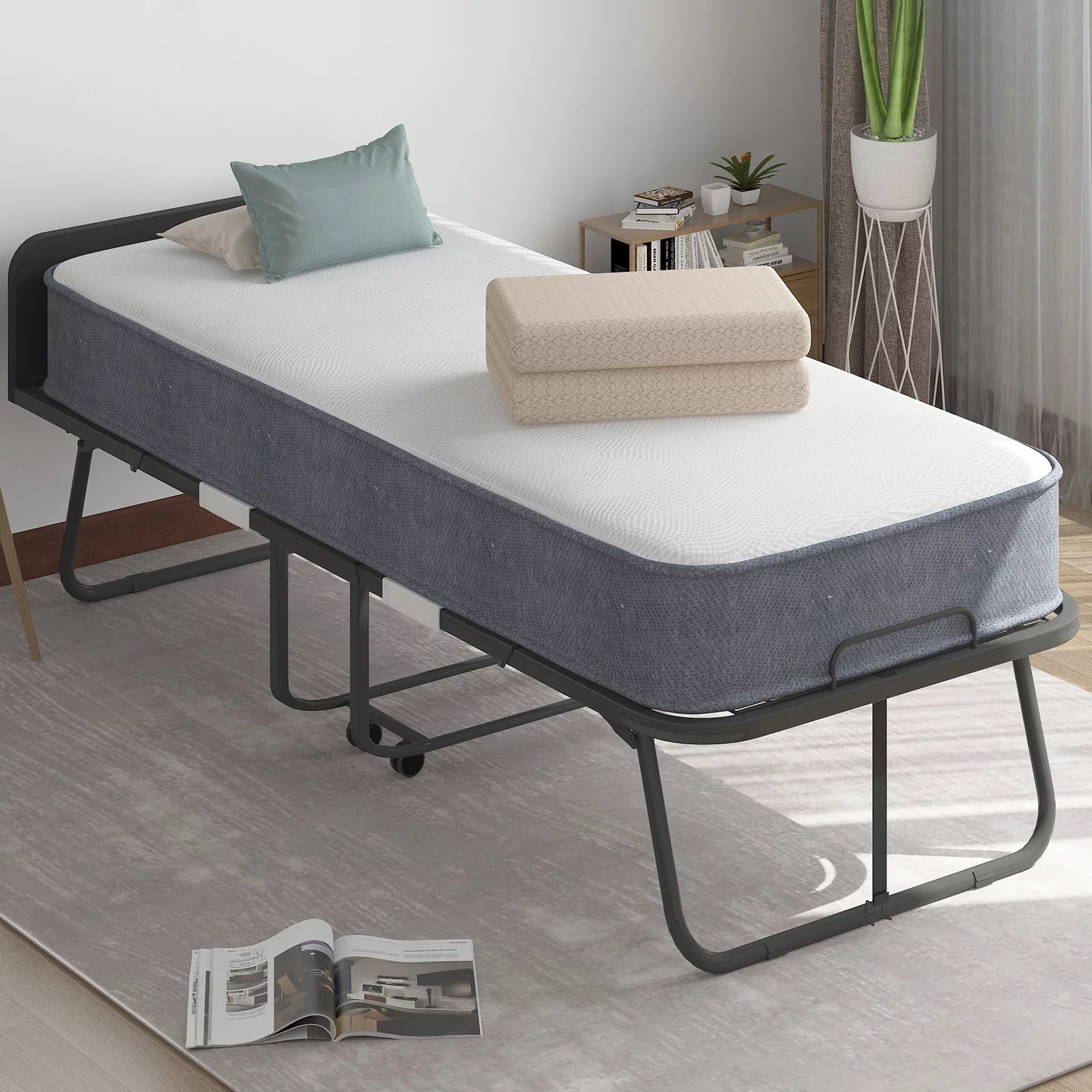 BALUS Extra Thick Folding Bed with Universal Wheels, Foam Mattress and Metal Frame, Movable Daybed, 74.8"L