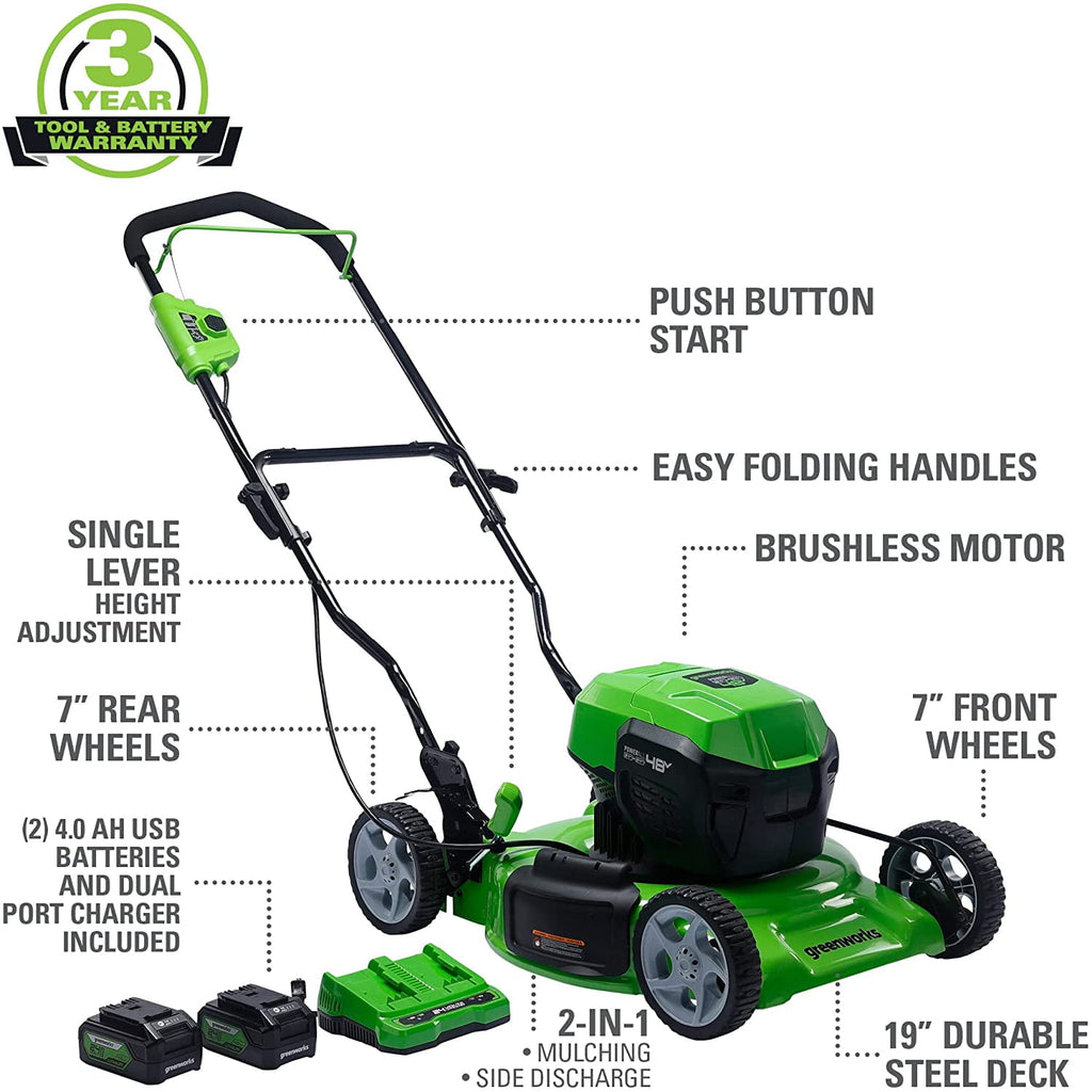 Greenworks 2 x 24V (48V) 19" Brushless Push Lawn Mower, 2 x 4.0Ah USB Batteries and Dual Port Rapid Charger Included
