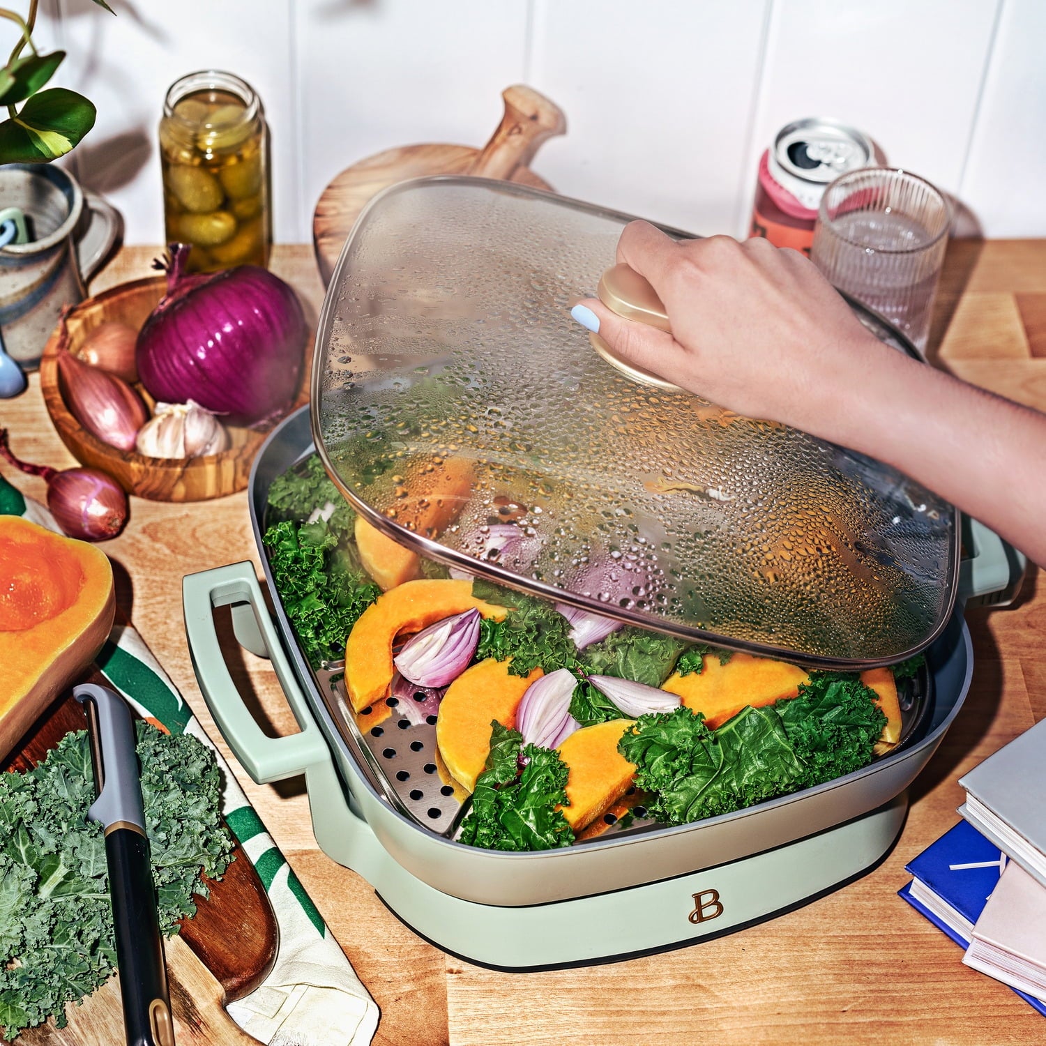 Beautiful 5 in 1 Electric Skillet - Expandable up to 7 Qt with Glass Lid, White Icing by Drew Barrymore