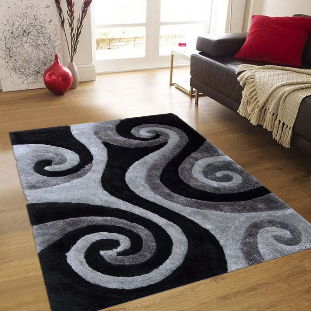 Allstar Grey Shaggy Area Rug with 3D Black Spiral Design. Contemporary Formal Hand Tufted (7' 6" x 10' 5")