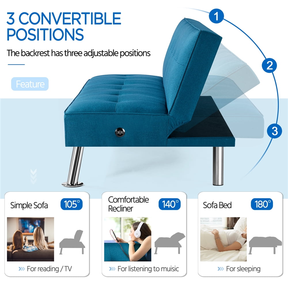 Alden Design Modern Fabric Convertible Futon with USB, Blue