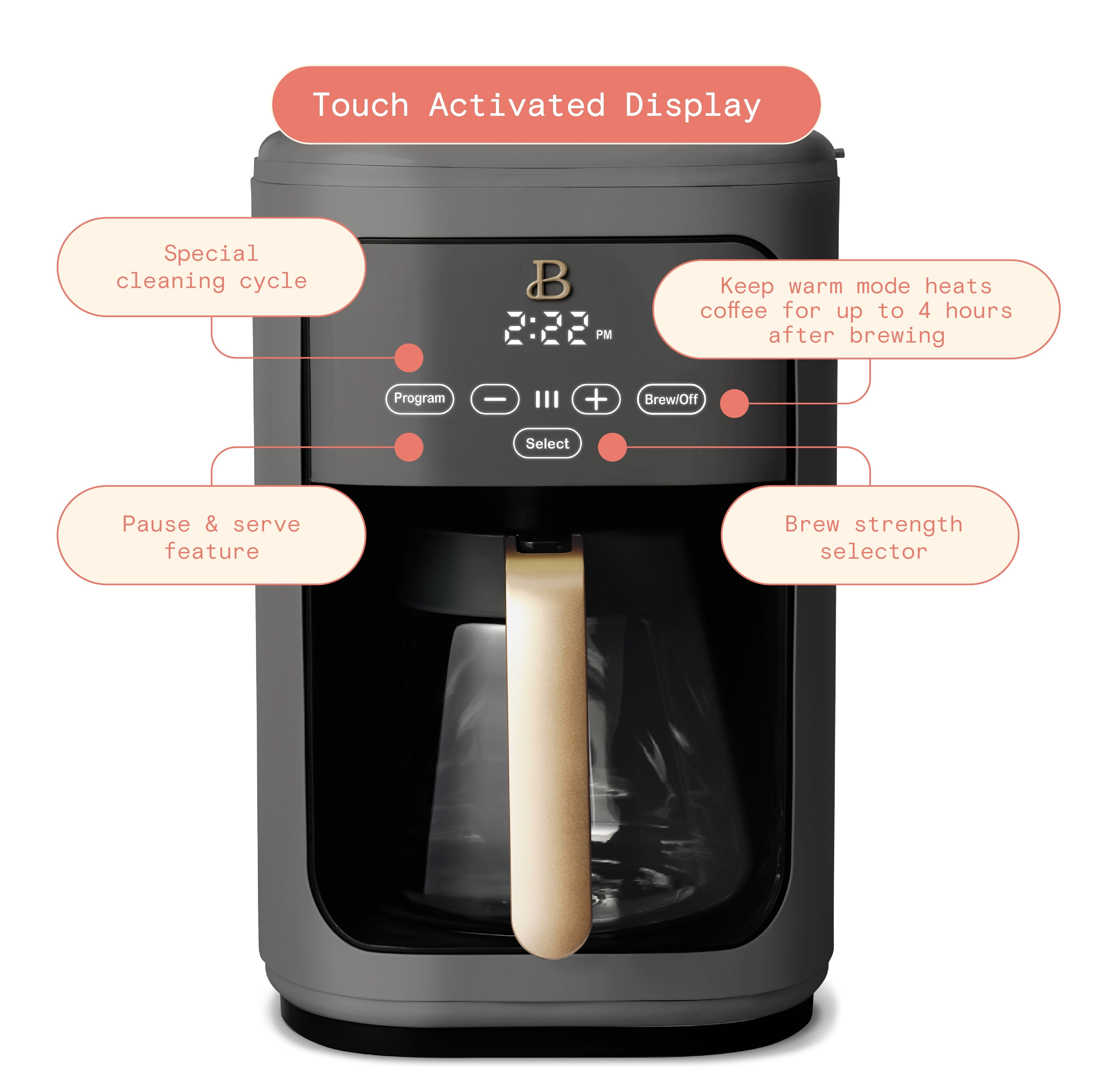 Beautiful 14-Cup Programmable Drip Coffee Maker with Touch-Activated Display, White Icing by Drew Barrymore