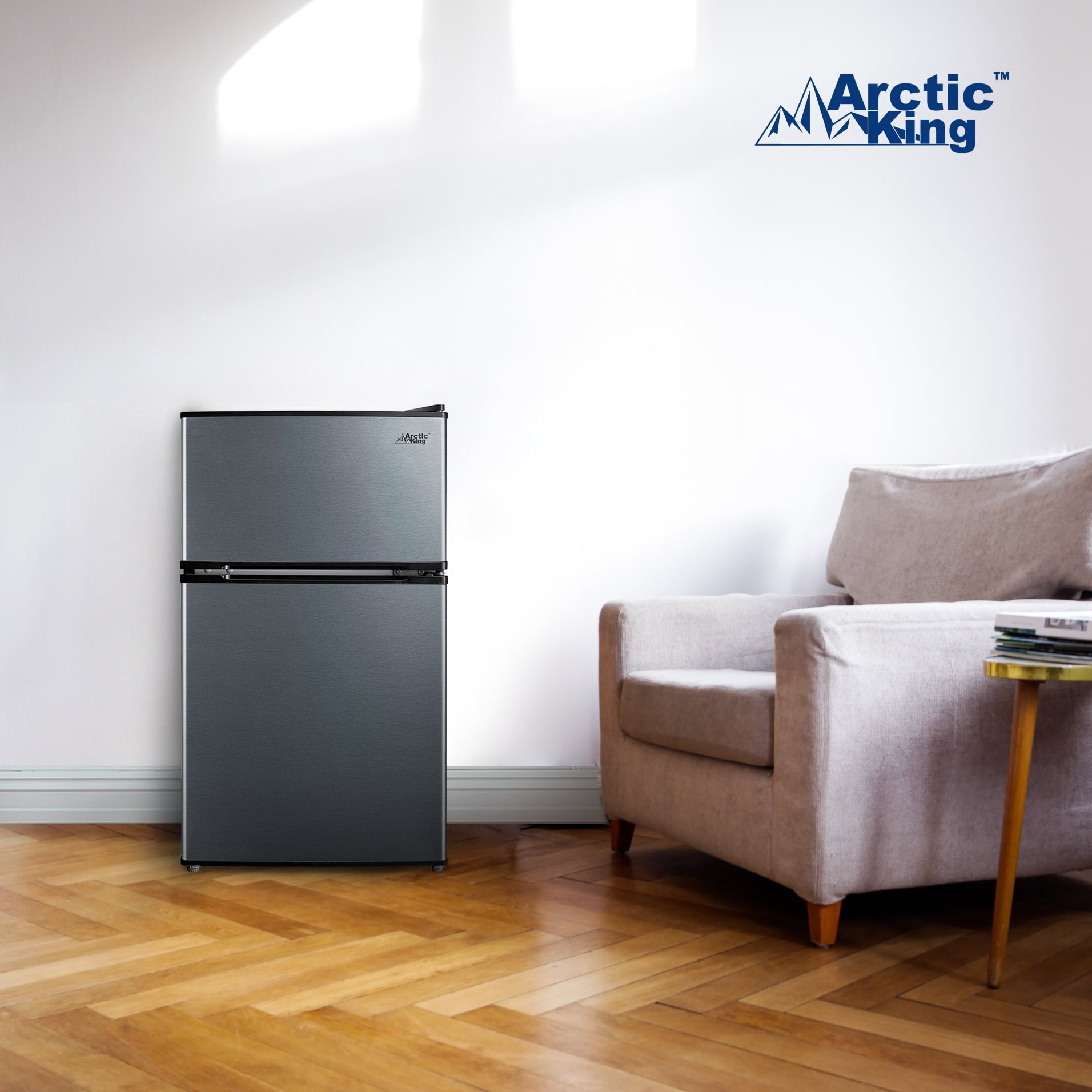 Arctic King 3.2 Cu ft Two Door Compact Refrigerator with Freezer, Black Stainless Steel look