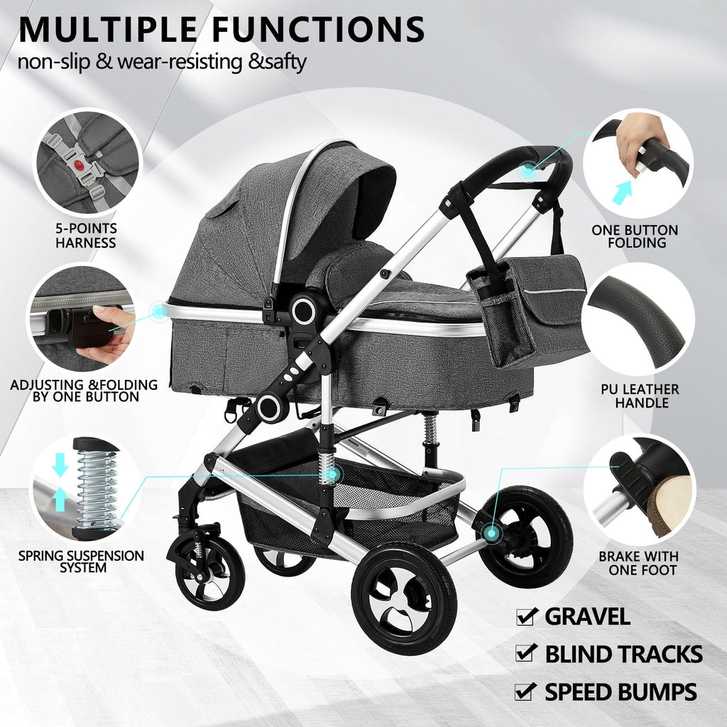 AILEEKISS 2 in 1 Convertible Baby Stroller, Unisex Folding Infant Newborn Bassinet Pram, Dark Grey