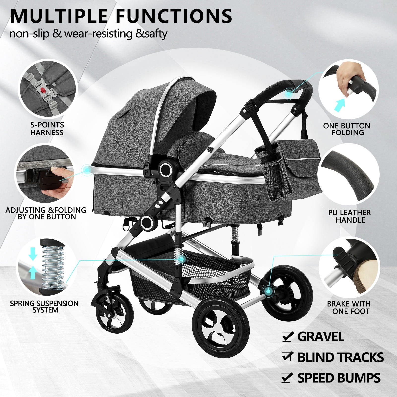 AILEEKISS 2 in 1 Convertible Baby Stroller, Unisex Folding Infant Newborn Bassinet Pram, Dark Grey