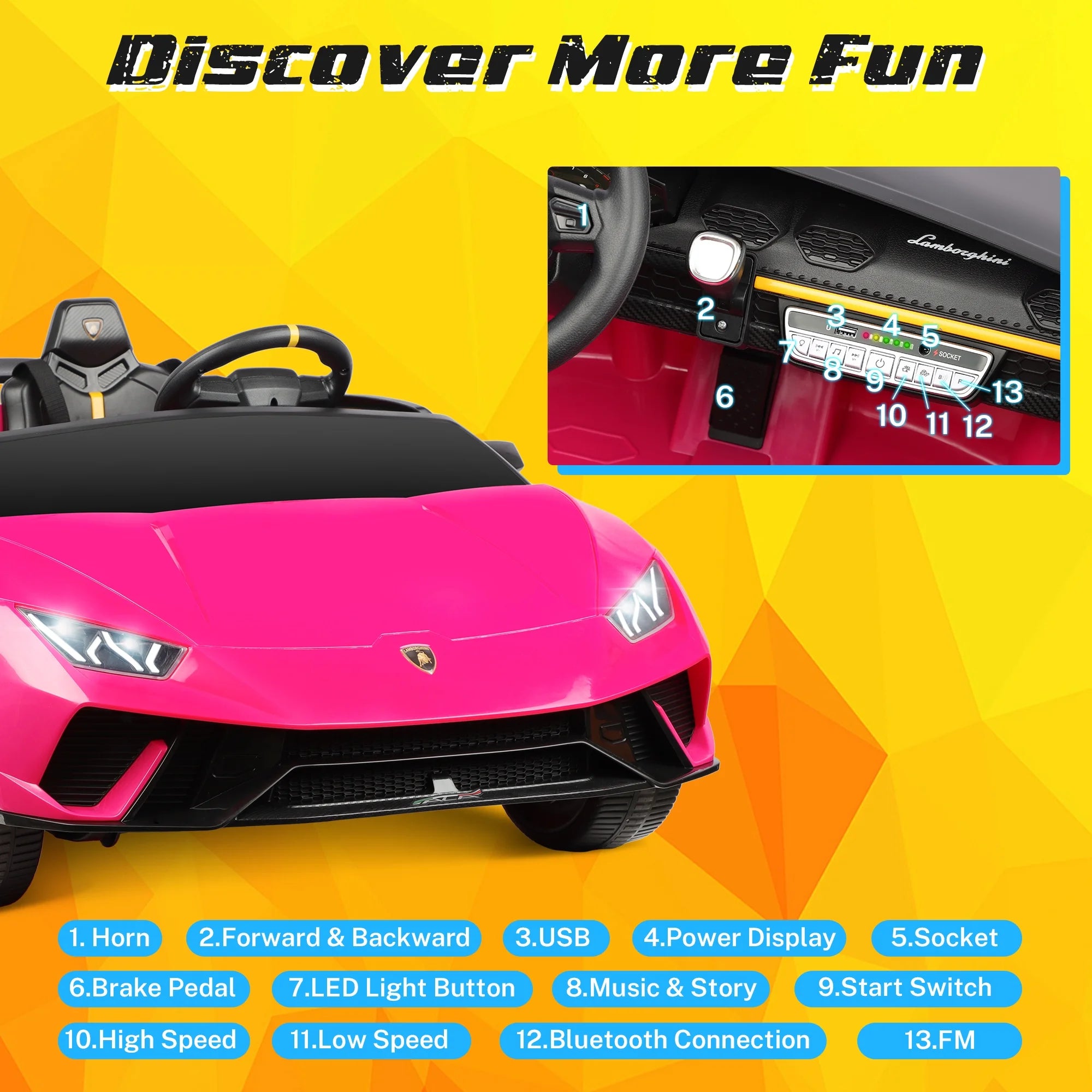 24V Ride on Cars 2 Seater for Kids, Lamborghini Huracan Battery Powered Ride on Toy Sports Car with Remote Control, Electric Car for Girls Boys 3-8 with Music/LED Lights/Bluetooth/4WD, Pink