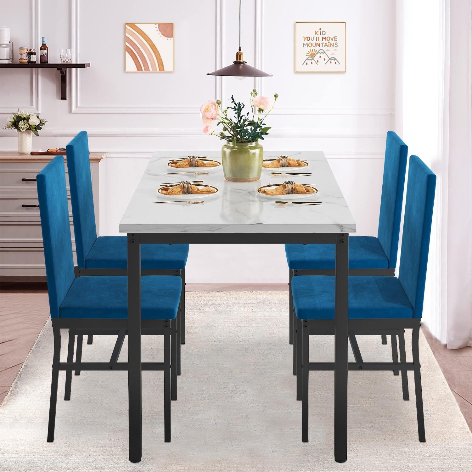 5 Piece Dining Table Set, Modern Faux Marble Tabletop and 4 PU Leather Upholstered Chairs, Rectangle Kitchen Table and Chairs for 4 Persons, Small Dining Set for Bar Dining Room Breakfast Nook