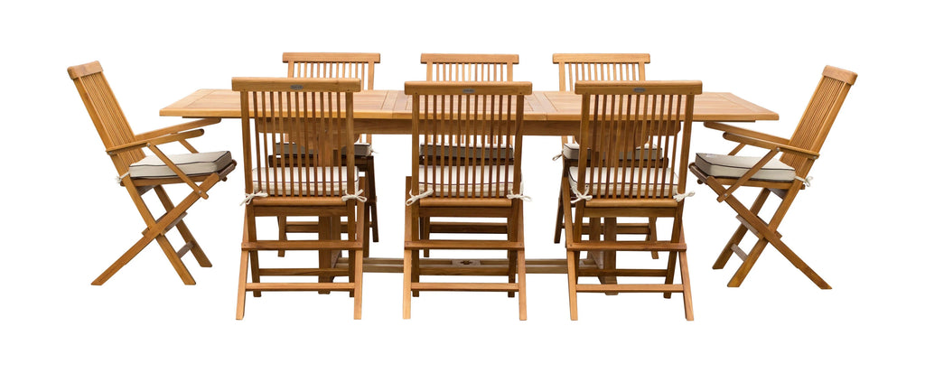 9 Piece Teak Wood West Palm Patio Dining Set with Rectangular Extension Table, 2 Folding Arm Chairs and 6 Folding Side Chairs