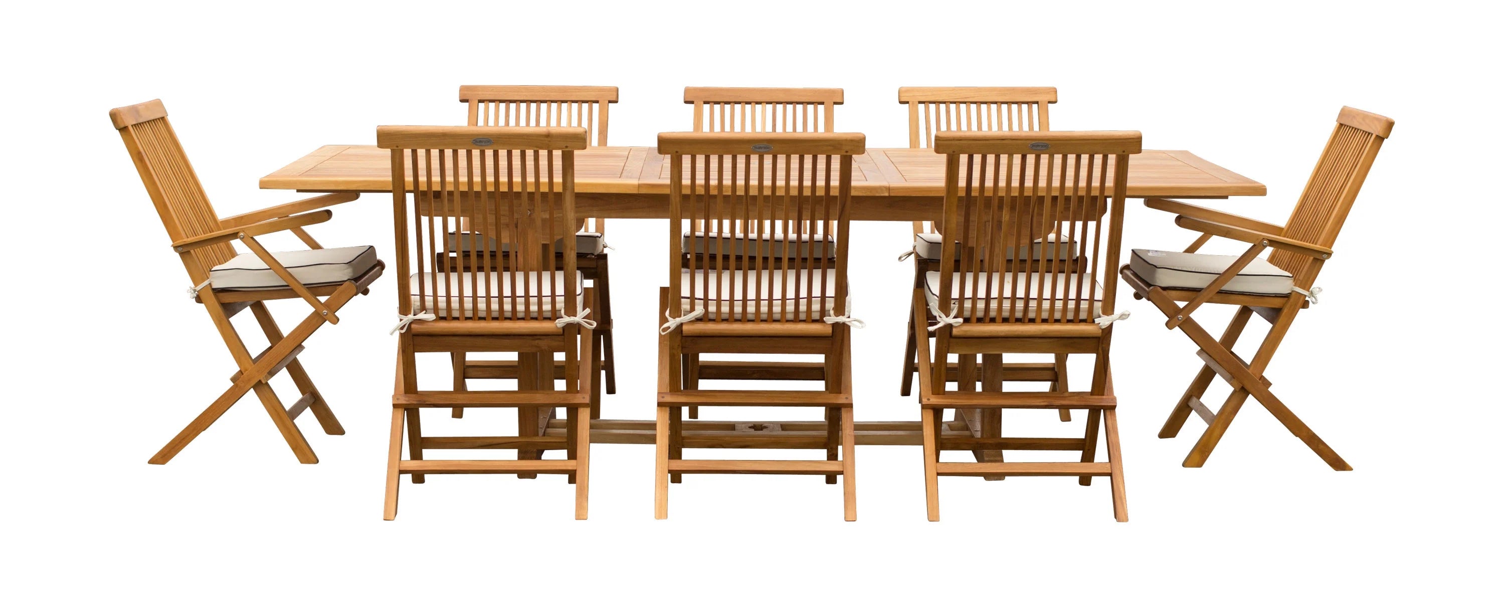 9 Piece Teak Wood West Palm Patio Dining Set with Rectangular Extension Table, 2 Folding Arm Chairs and 6 Folding Side Chairs