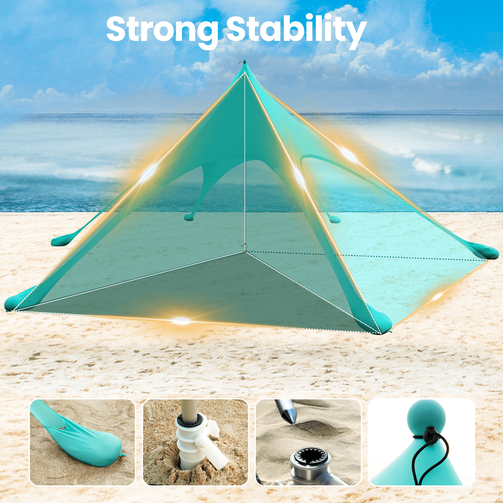 Beach Canopy Tent Sun Shade, VECUKTY 12x12 FT Beach Tent Sun Shelter UPF 50+ UV Protection with Sandbags , 1 Stability Poles and Ground Pegs and Anti-Wind Ropes,Blue