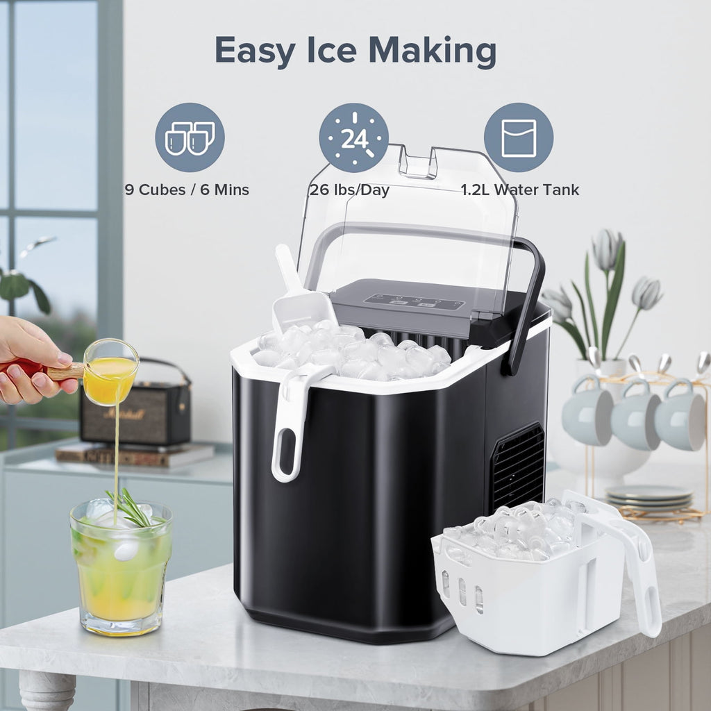 Auseo Countertop Ice Maker, Self-cleaning Portable Ice Maker Machine with Handle and Ice Scoop, Bullet Ice Cubes, 9Pcs/8Min 26Lbs/24H for Home/Office/Bar/Party (Black)