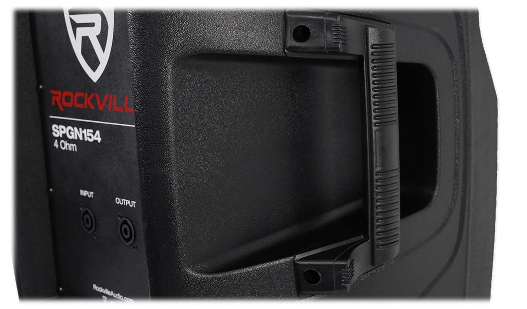 (2) Rockville SPGN154 15" 1600W DJ PA Speakers+Powered 4-Ch. Mixer+Stands+Cables
