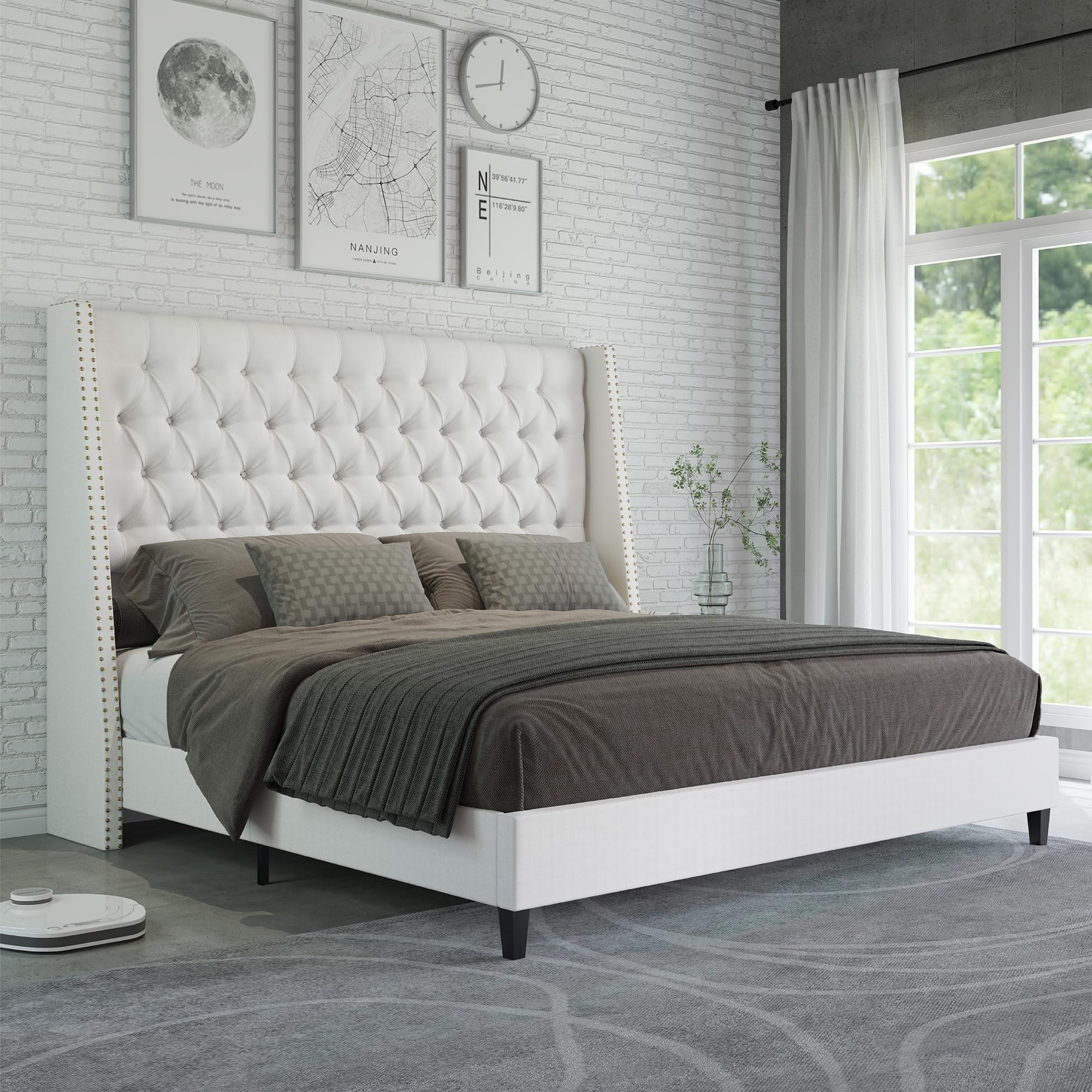 Amerlife Queen Size Nail Button Tufted Wingback Bed Frame, Linen Upholstered Platform Bed with 56" High Wingback Headboard, No Box Spring Needed, White