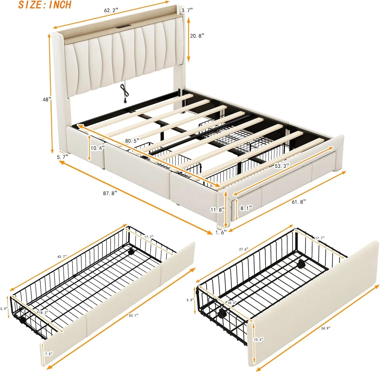 Bed With Storage, Wood Platform Bed Frame With 3 Drawers, Kids Bed With Wood Slat Support, o Box Sprig eeded,Cherry