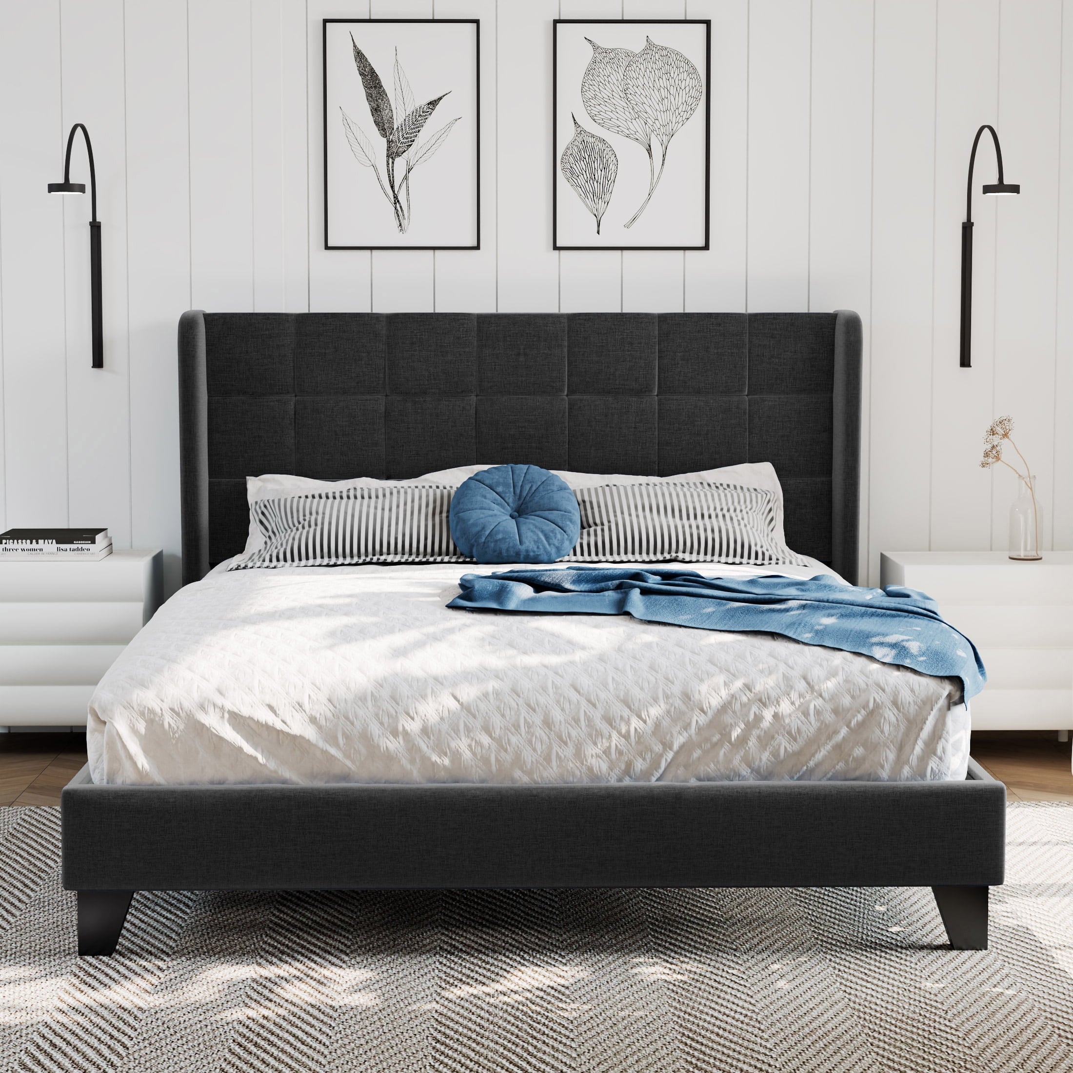 Amolife Queen Size Platform Bed with Wingback Headboard, Square Stitched Style, Dark Grey