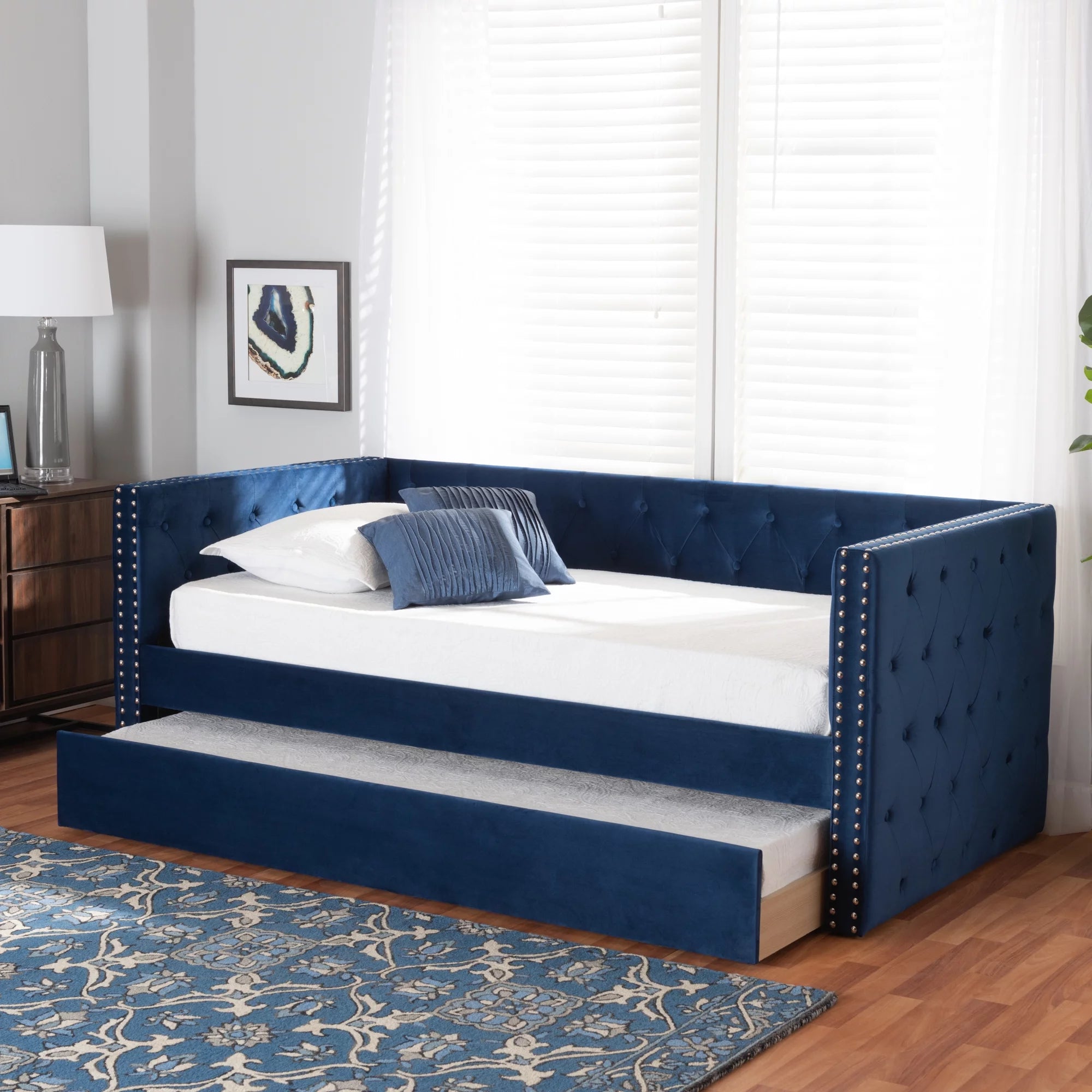 Baxton Studio Larkin Contemporary Upholstered with Trundle Daybed, Twin, Navy Blue