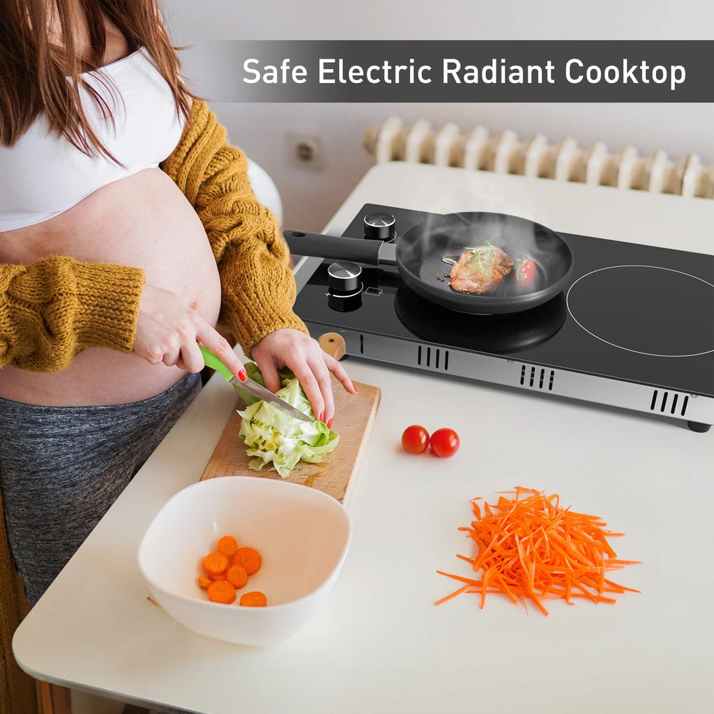 12 Inch Electric Ceramic Cooktop with Knob Control, Built-in 2400W Dual Cooker Electric Stove Tops, 2 Burners Range Top 220V, Child Safety Lock & Timer, Sensor Touch Control, 9 Power Levels