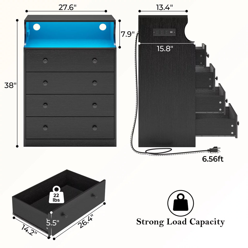 4 Drawer Dresser with LED Lights and Charging Station, Wide Chest of Drawers for Bedroom, Black
