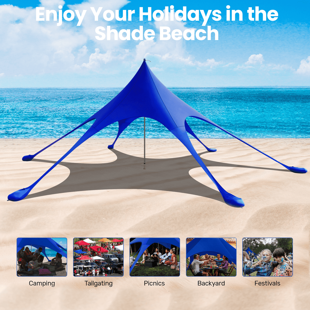 Beach Canopy Tent Sun Shade, VECUKTY 12x12 FT Beach Tent Sun Shelter UPF 50+ UV Protection with Sandbags , 1 Stability Poles and Ground Pegs and Anti-Wind Ropes,Blue