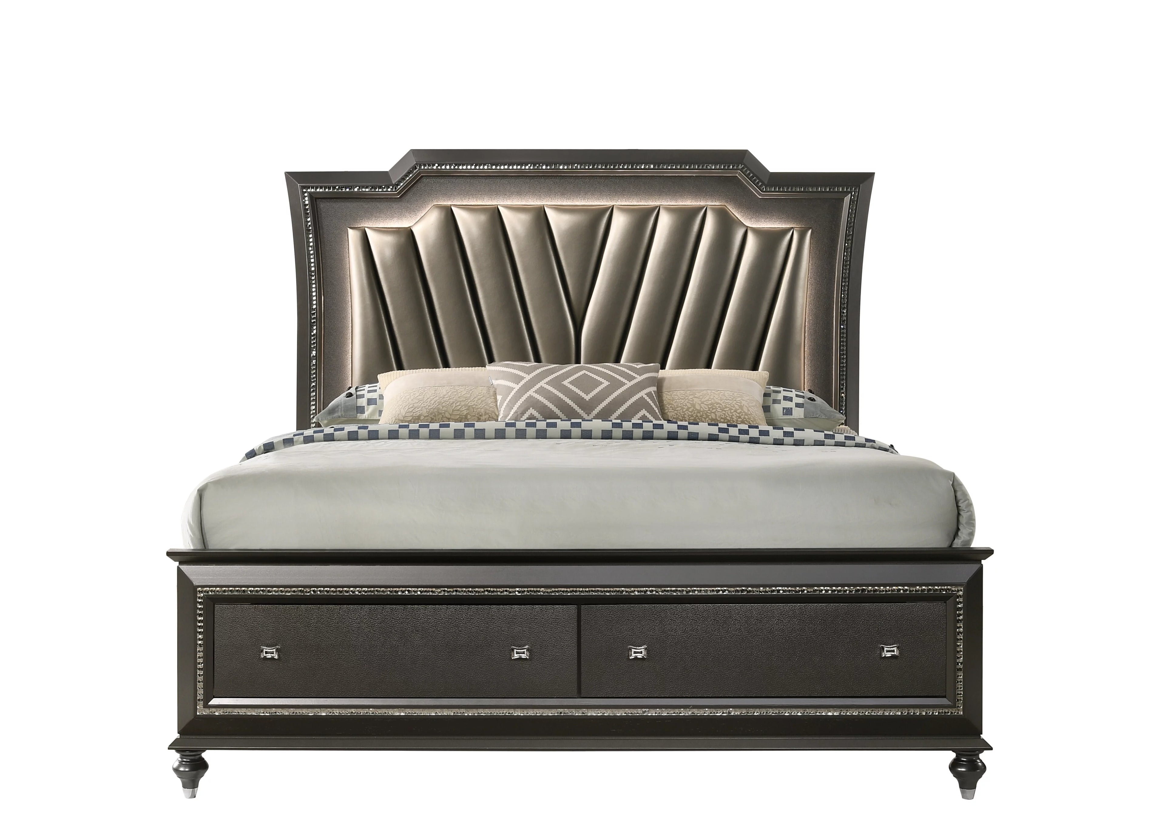 Acme Kaitlyn LED Headboard Bed in PU & Metallic Gray, Multiple Size