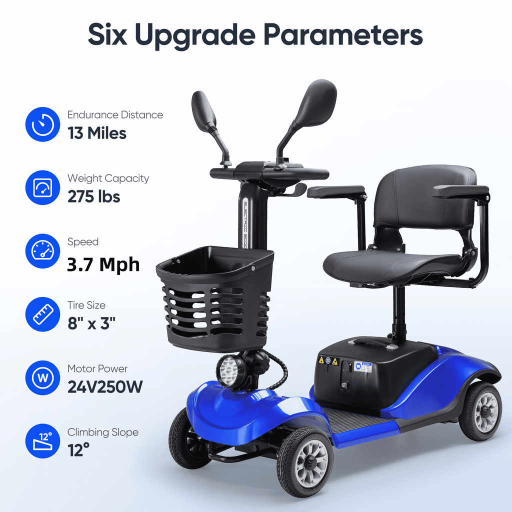 4 Wheels Mobility Scooter Electric Mobility Scooter Wheelchair w/Basket and Extended Battery for Seniors Adults Blue