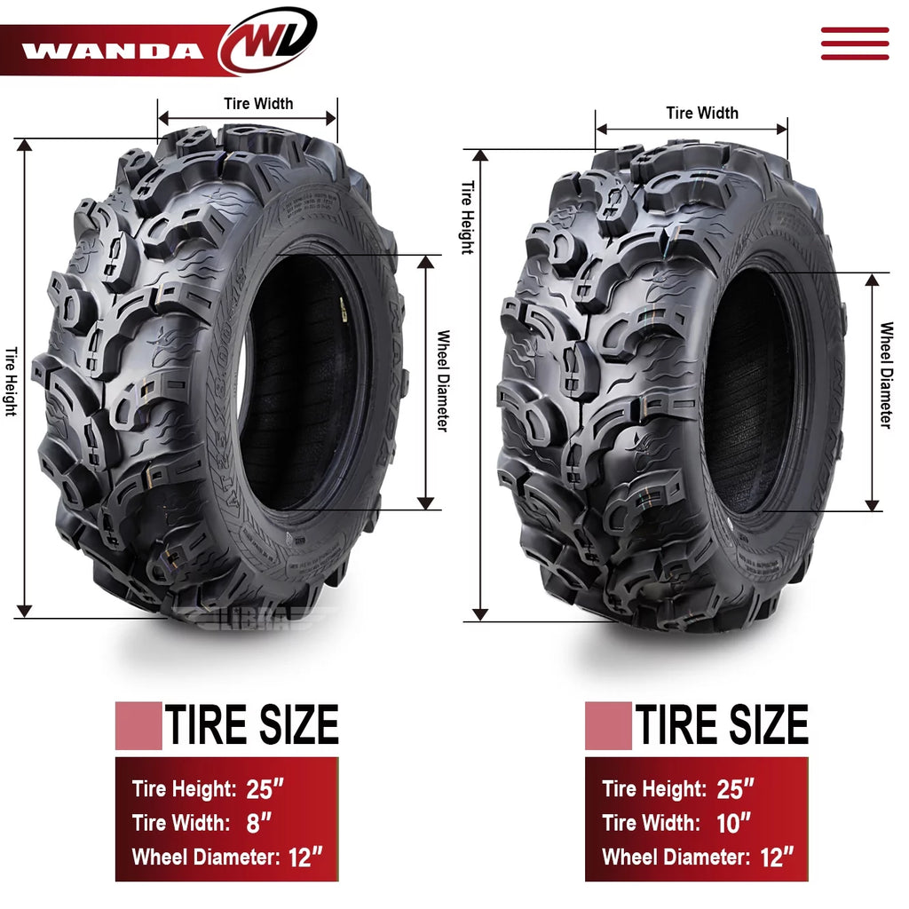 (4) WANDA 25X8X12 25X10X12 fit 05-13 Yamaha RHINO 450 660 700 ATV Tire Set Super Mud