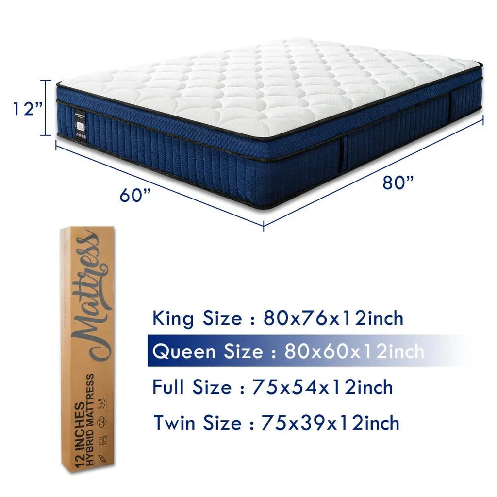12'' Queen Hybrid Mattress, QUEEN ROSE Hybrid Firm Mattress in a Box with Gel Memory Foam, Individually Wrapped Pocket Coils Innerspring, Pressure-Relieving and Supportive, Mattress Queen Size