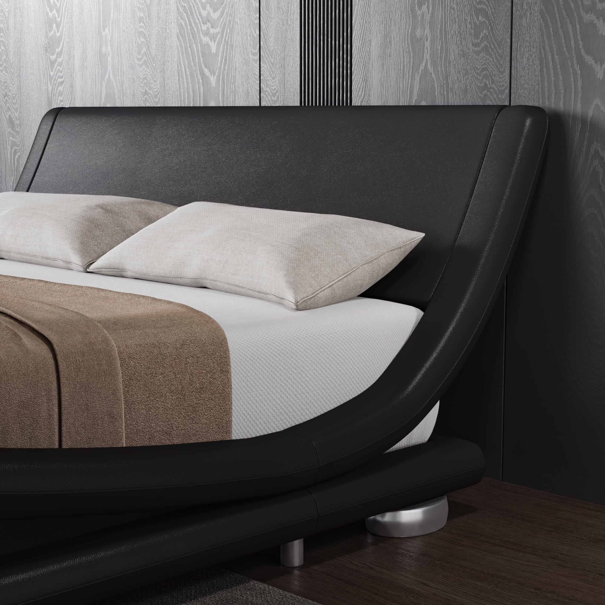 Allewie Queen Size Low Profile Modern Upholstered Platform Bed Frame with Ergonomic & Adjustable Headboard, Black