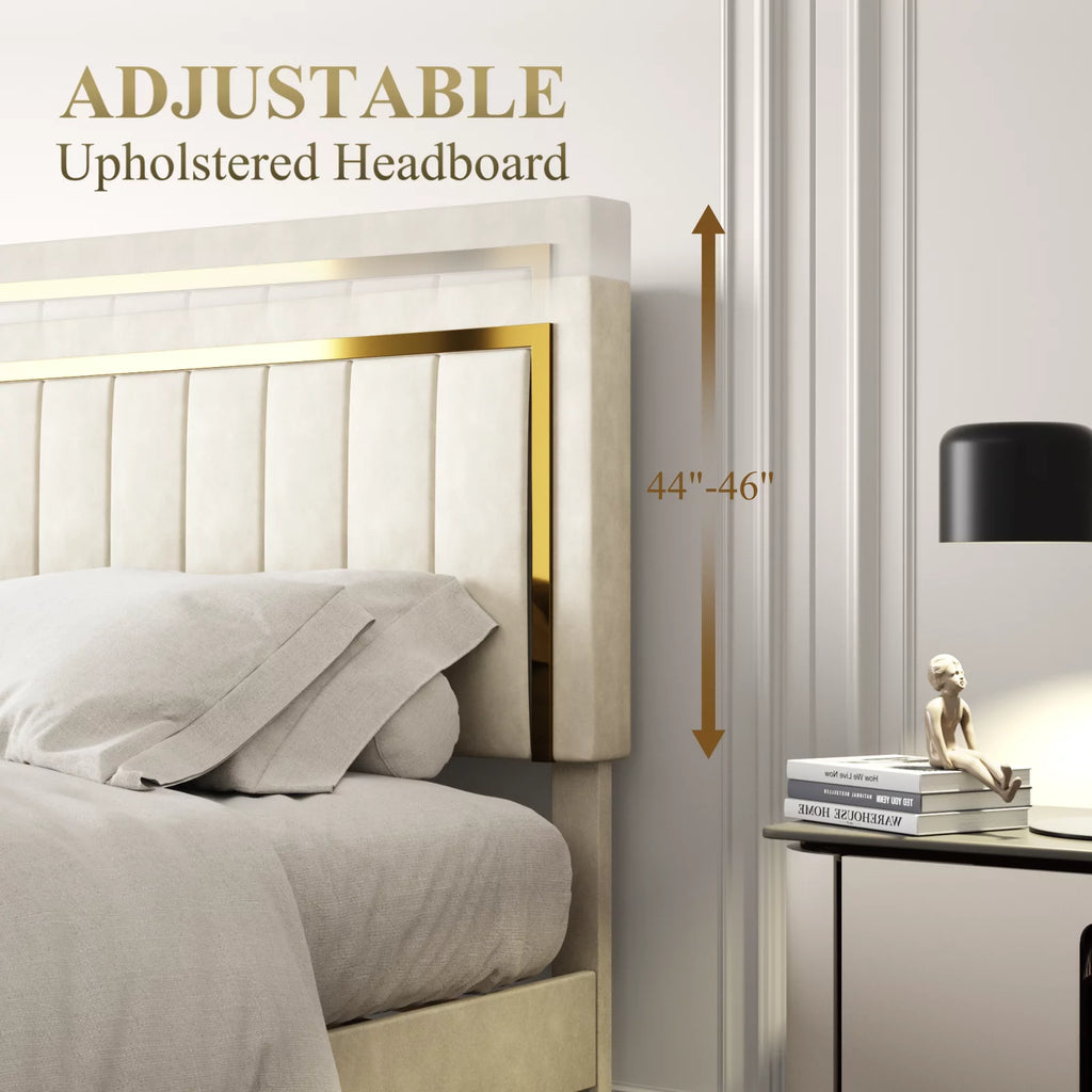 Abody Queen Platform Bed Frame with Adjustable Headboard, Velvet Upholstered Queen Bed Frame with Wooden Slats Support & Gold Trim, Noise-Free, Easy Assembly, No Box Spring Needed, Beige