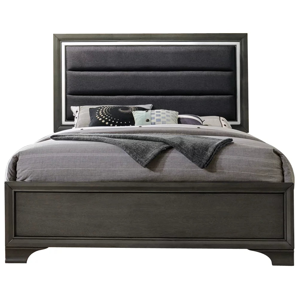5 Piece Queen Size Modern Gray Wood With Upholstered Tufted Faux Leather Headboard Panel Bedroom Set (Bed, Dresser & Mirror, Chest, Nightstand)